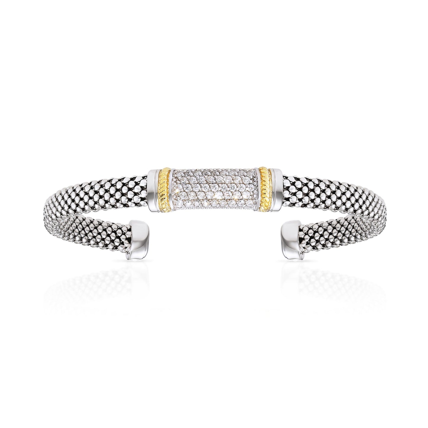 Italian Cuff Bracelet in Sterling Silver, Slip On Bangle with Gold Accents, Fits 7 and 8 inch wrist