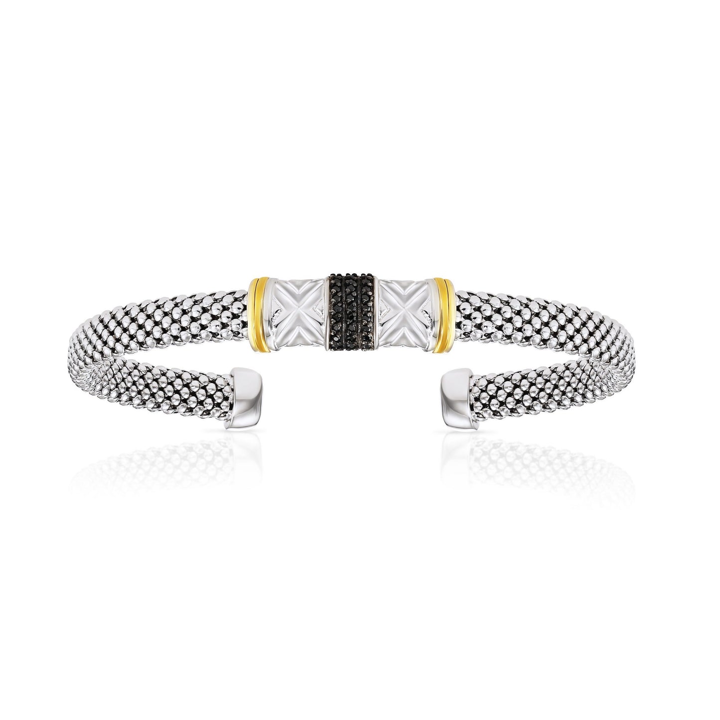 Black Stone Italian Cuff Bracelet in Sterling Silver, Slip On Bangle with Gold Accents, Fits 7 and 8 inch wrist