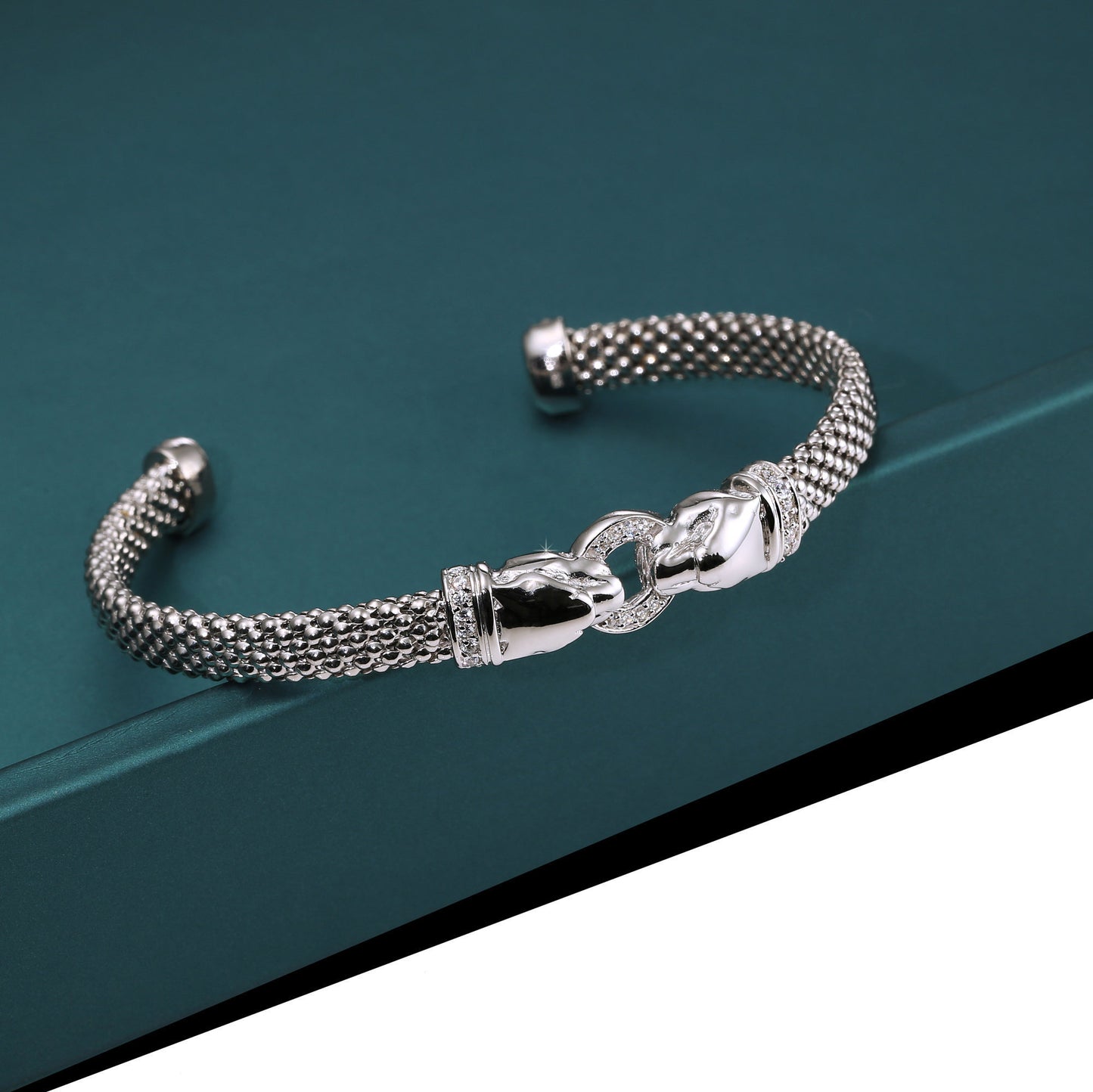 Jaguar Ring Cuff Bracelet in Sterling Silver, Slip On Bangle with Cz Stones, Fits 6 and 7 inch wrist