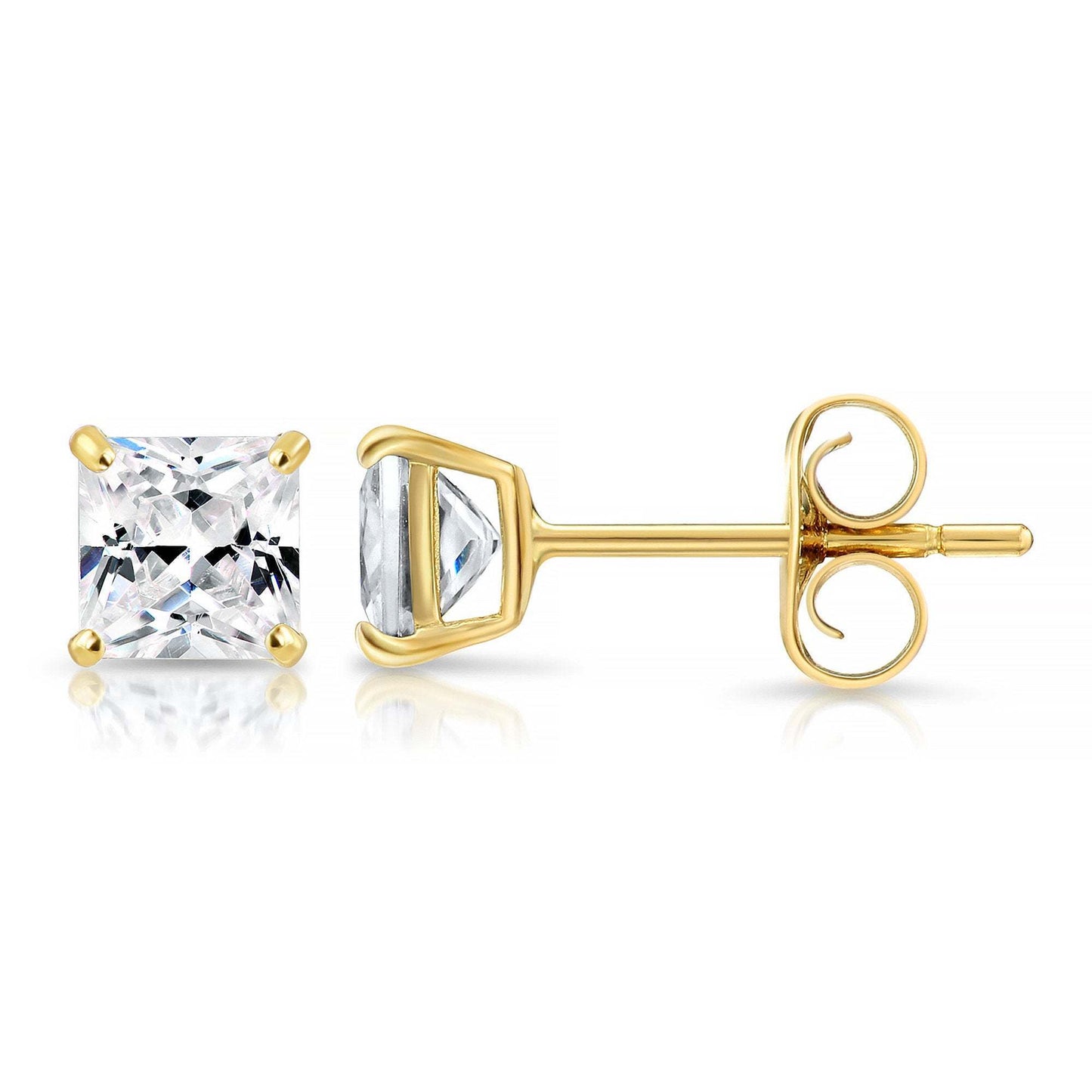 SET OF 3! 14K Solid Gold Earrings, Square Studs with Cubic Zirconia Stones and 14K Solid Gold Butterfly Push-backings