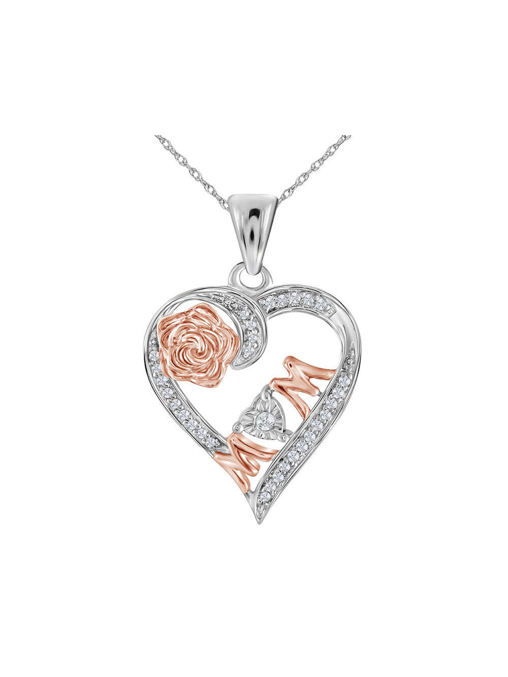 The Diamond Deal Sterling Silver Womens Round Diamond Rose-tone Mom Mother Heart Pendant 1/8 Cttw