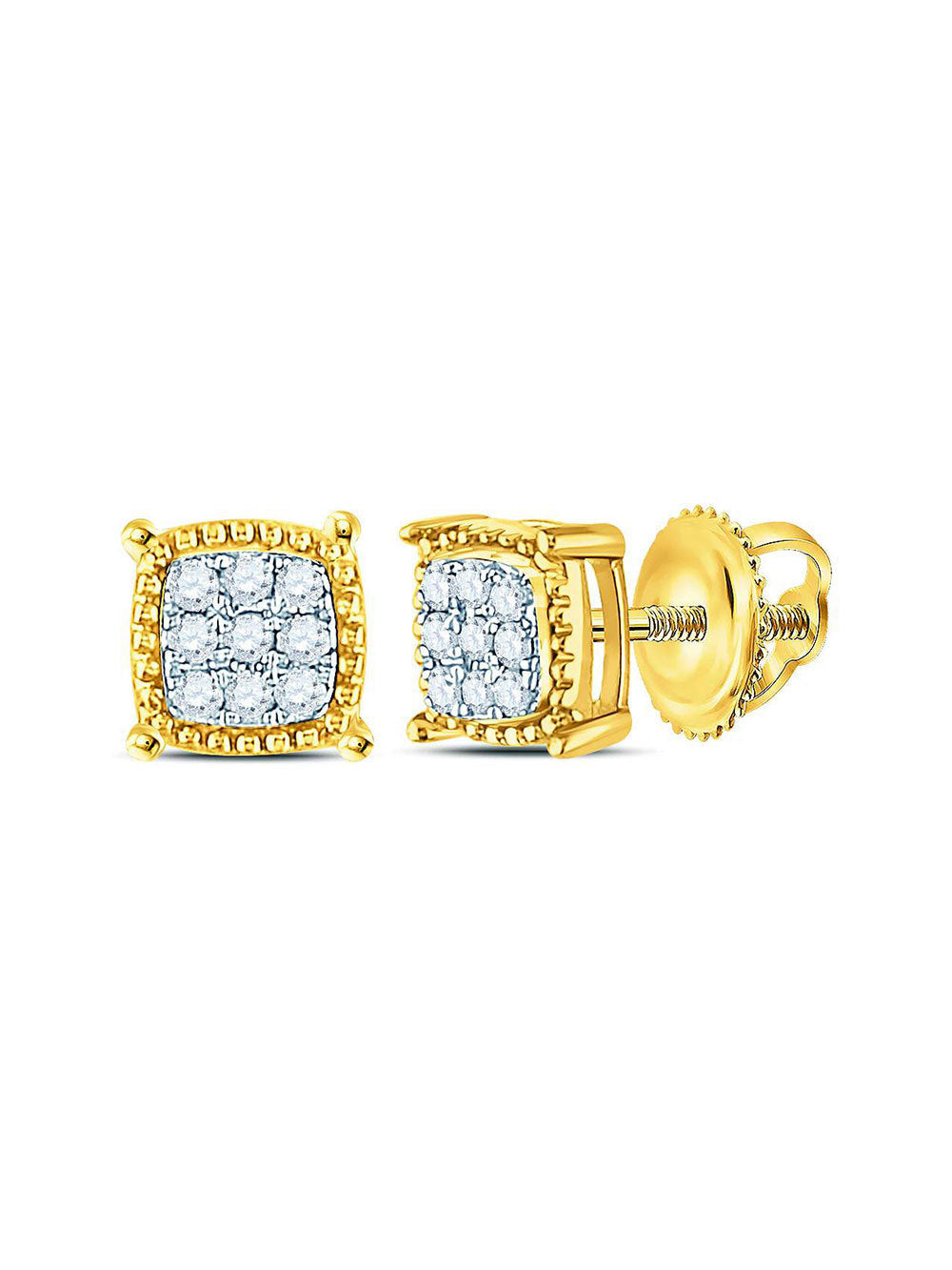 The Diamond Deal 10kt Yellow Gold Mens Round Diamond Square Milgrain Cluster Earrings 1/10 Cttw