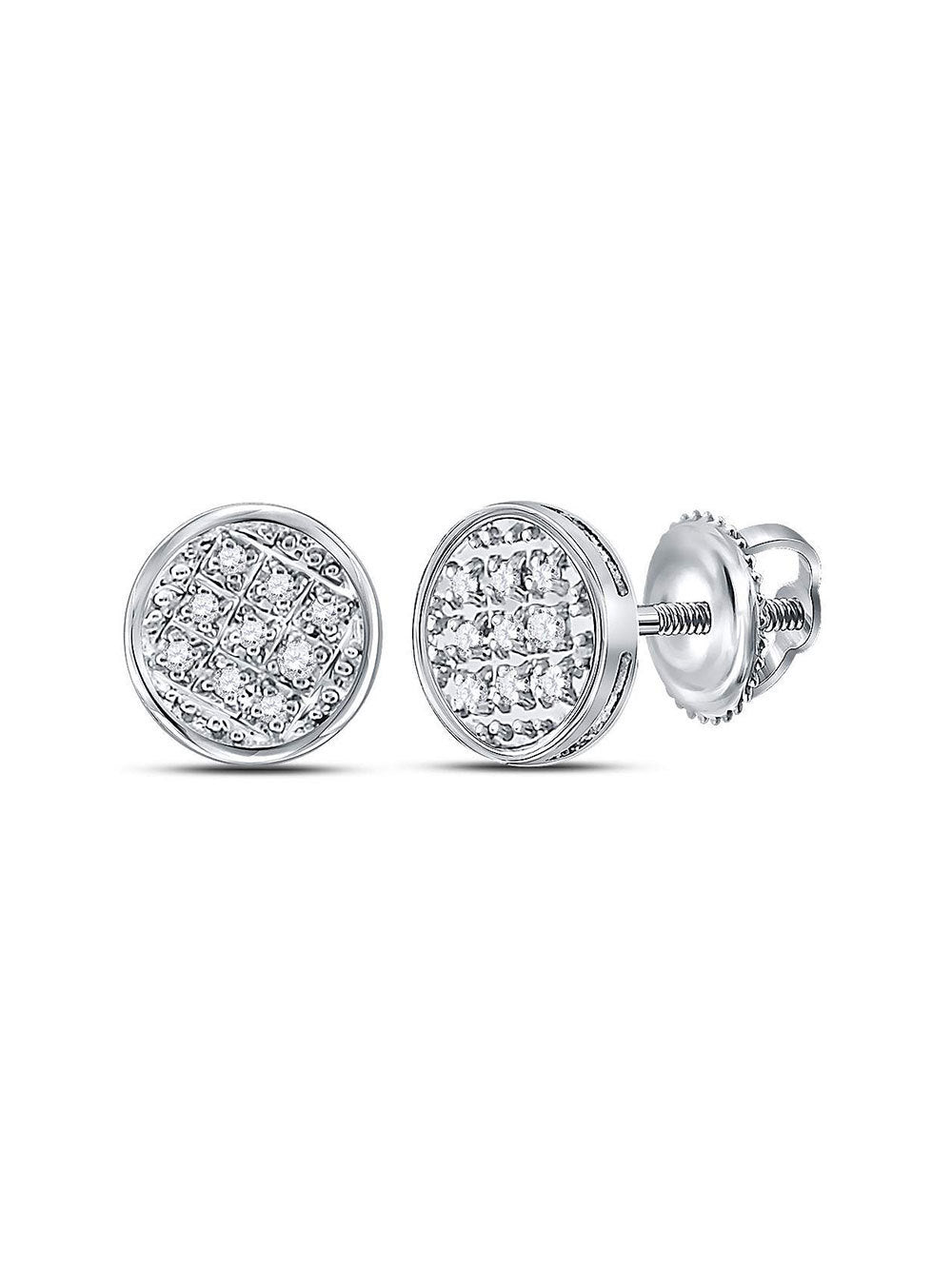 The Diamond Deal 10kt White Gold Mens Round Diamond Circle Cluster Stud Earrings 1/20 Cttw