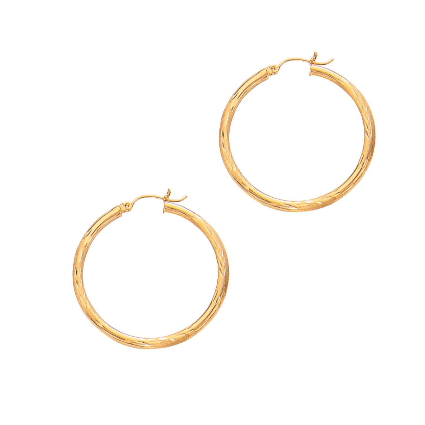 14Kt Yellow Gold 2X25mm Shiny Diamond Cut Round Tube Hoop Earring with Hinged Clasp
