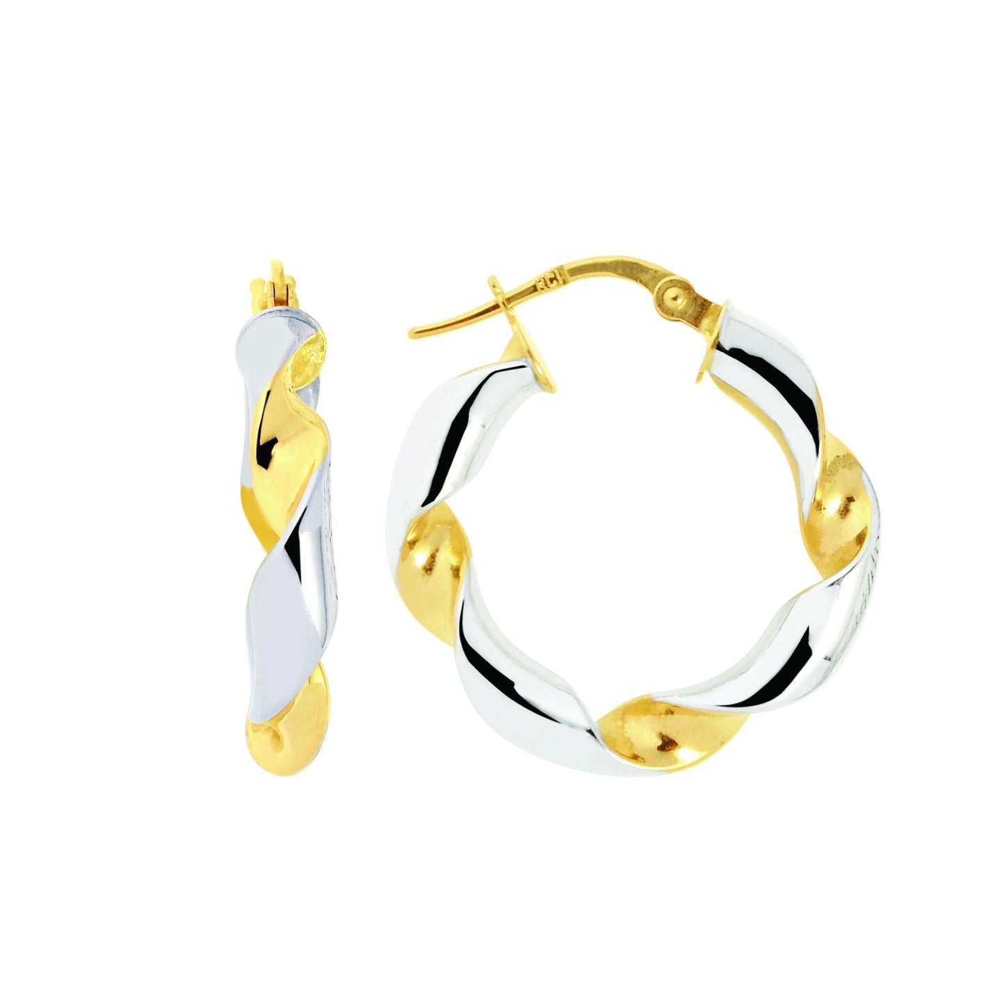 14K Yellow+White Gold Shiny Round Two Tone Twisted Small Hoop Earring with Hinged Clasp