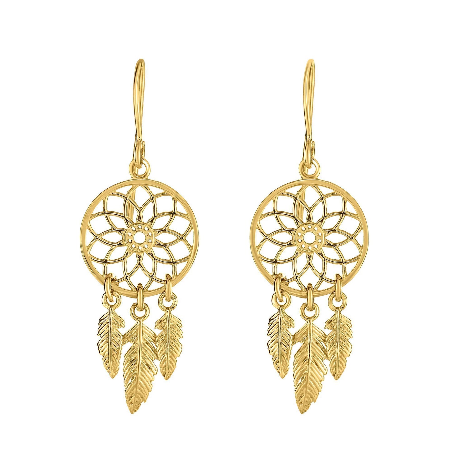 14kt Gold Yellow Finish 1x11x32mm Shiny Drop Dream Catcher Earring with Euro Wire Clasp