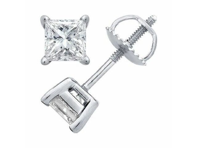 1.00 ct PRINCESS CUT diamond stud earrings 14 KT WHITE GOLD D COLOR VS2-SI1