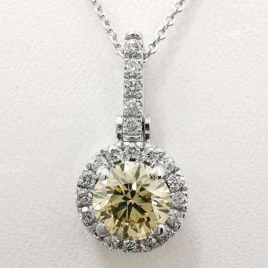 0.94 CT Round Cut Diamond Pendant Necklace Pendant 14K White Gold FANCY YELLOW GREENISH VVS2 Natural